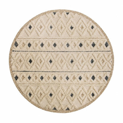 6' Round Cream and Blue Striped Diamonds Area Rug