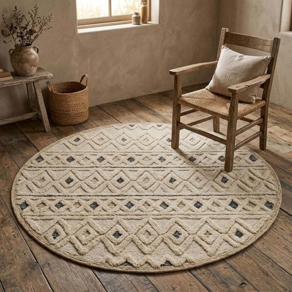 6' Round Cream and Blue Striped Diamonds Area Rug