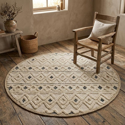 6' Round Cream and Blue Striped Diamonds Area Rug