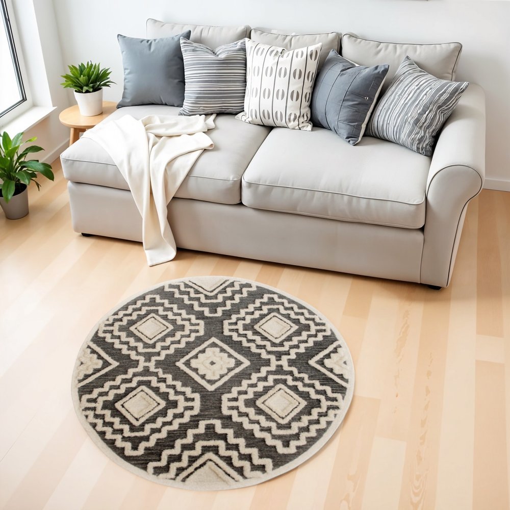 6' Round Gray and Cream Geometric Area Rug