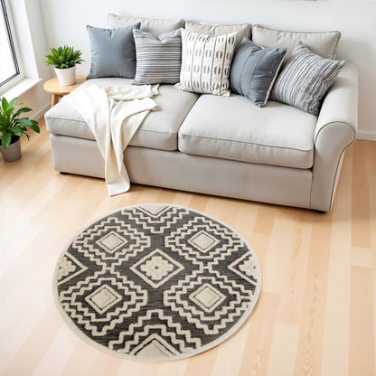 4' Round Gray and Cream Geometric Area Rug