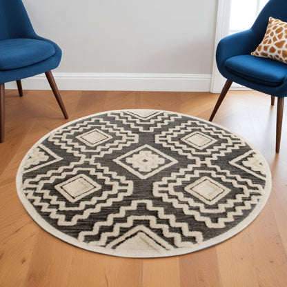 4' Round Gray and Cream Geometric Area Rug