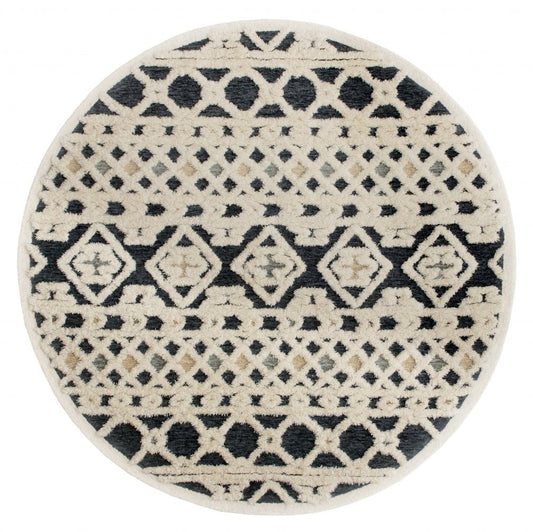 6' Blue And Ivory Wool Hand Tufted Round Rug