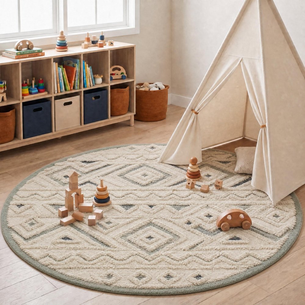 4' Round Cream Modern Geometric Area Rug