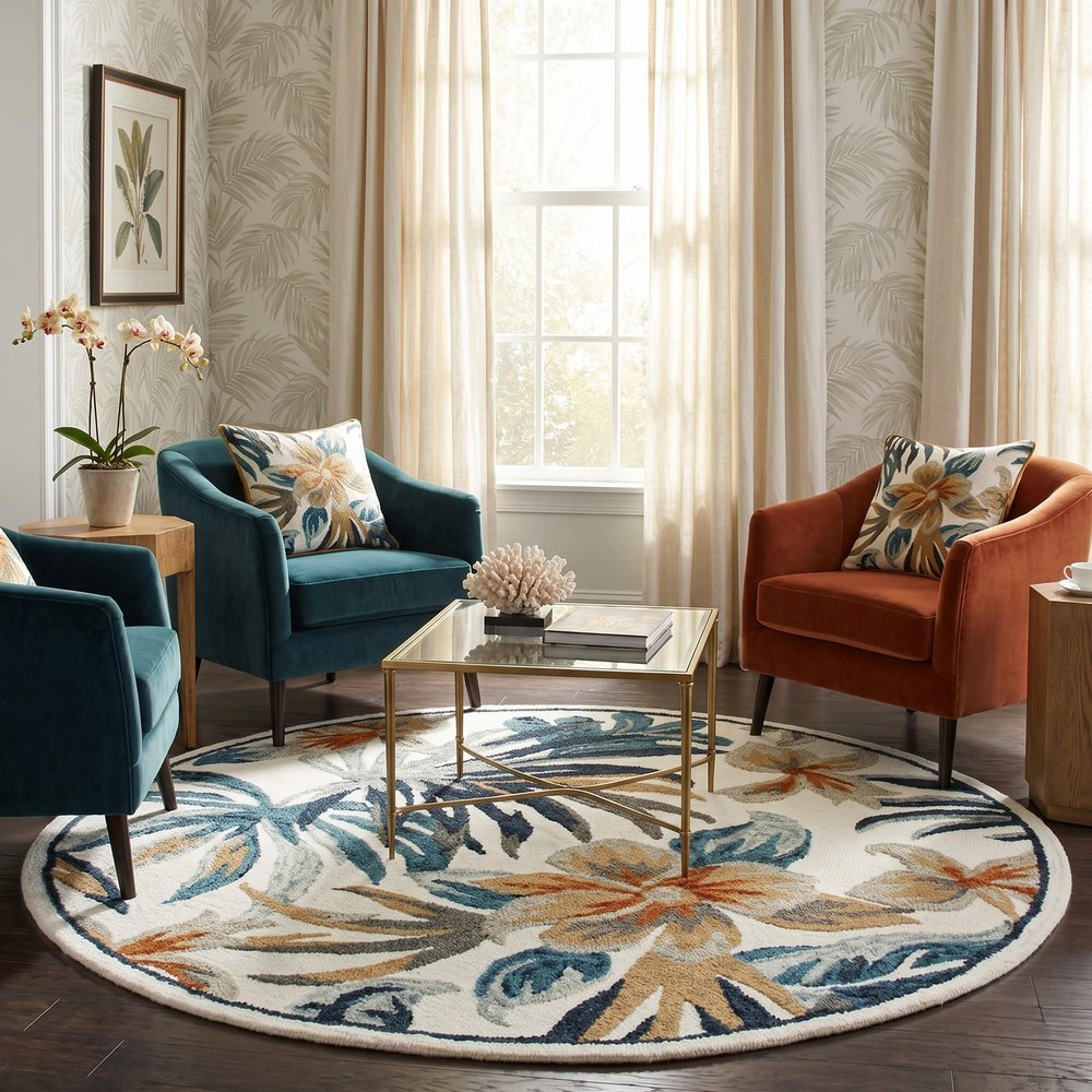 4' Round Blue and White Tropical Area Rug