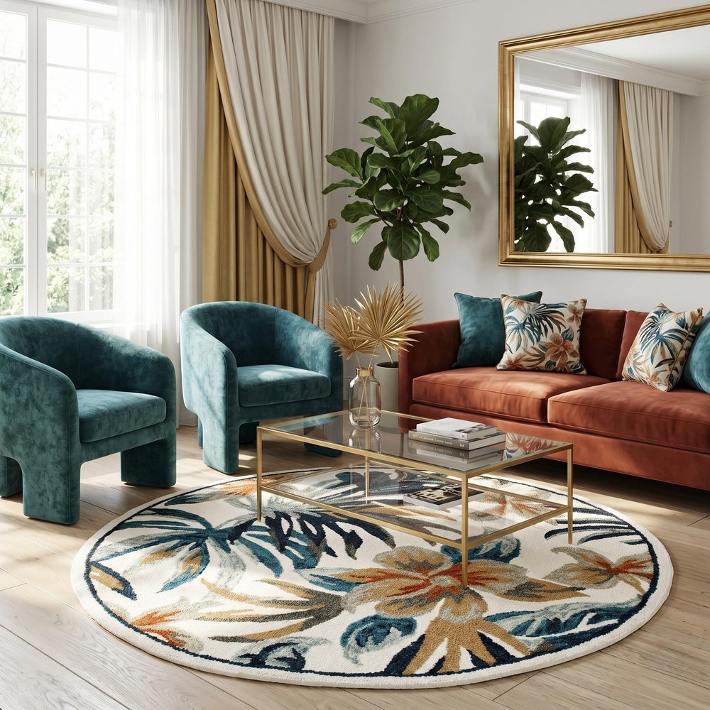 4' Round Blue and White Tropical Area Rug