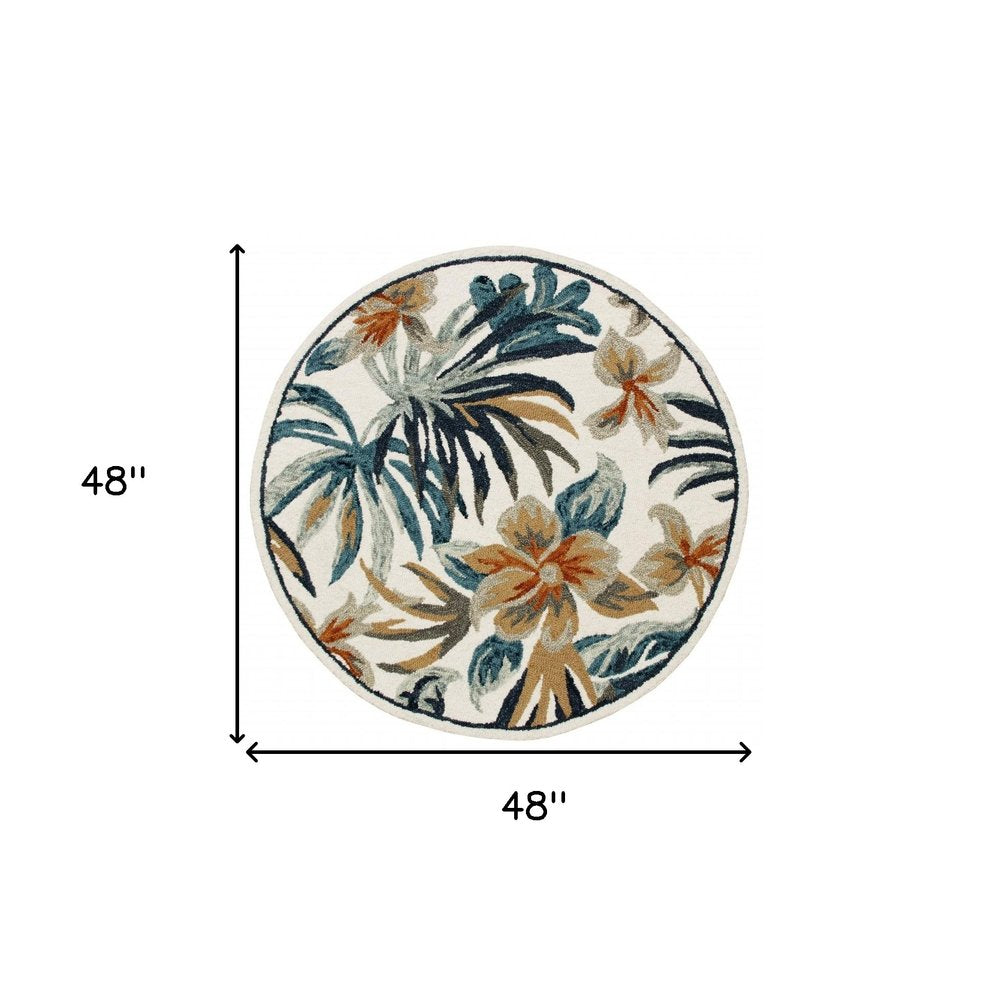 4' Round Blue and White Tropical Area Rug
