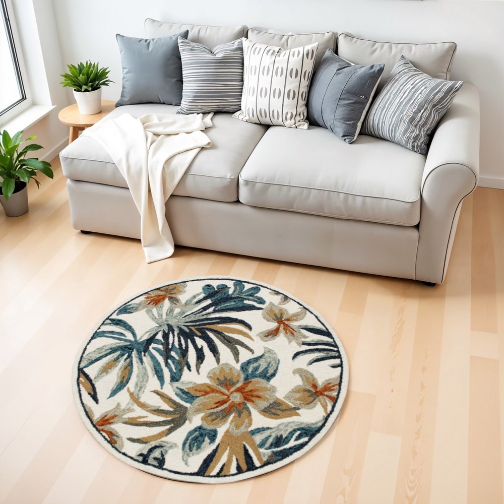 4' Round Blue and White Tropical Area Rug
