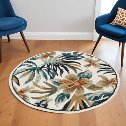 4' Round Blue and White Tropical Area Rug