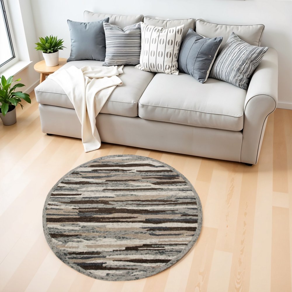 6' Gray And Brown Round Wool Hand Tufted Area Rug