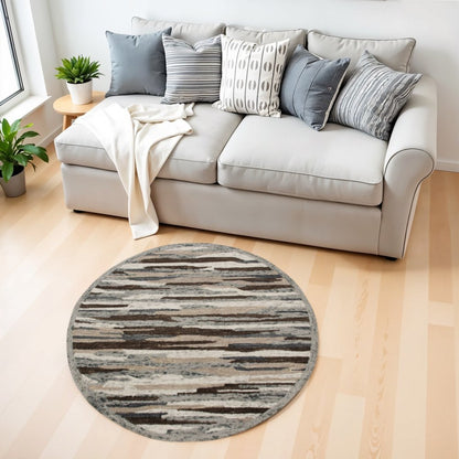 6' Gray And Brown Round Wool Hand Tufted Area Rug