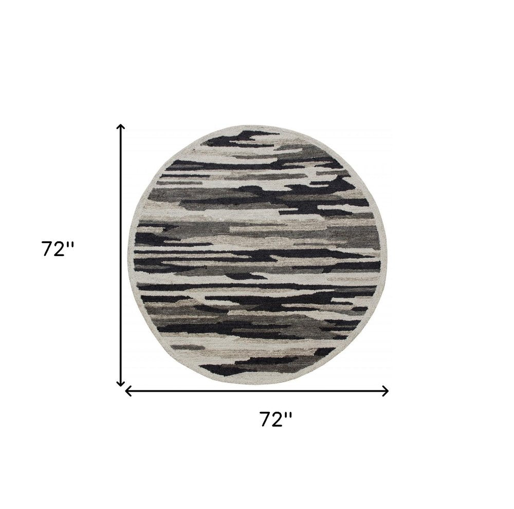 6' Black And Gray Round Wool Hand Tufted Area Rug