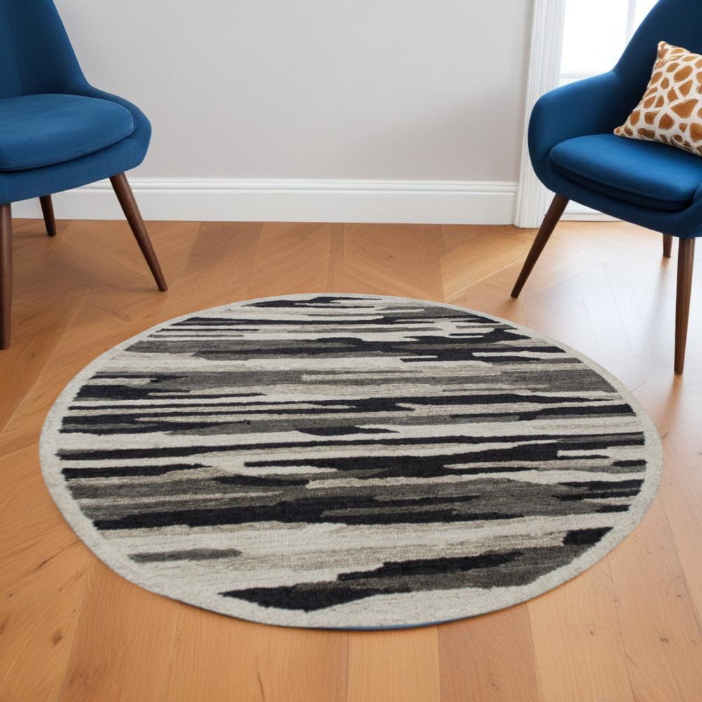 6' Black And Gray Round Wool Hand Tufted Area Rug