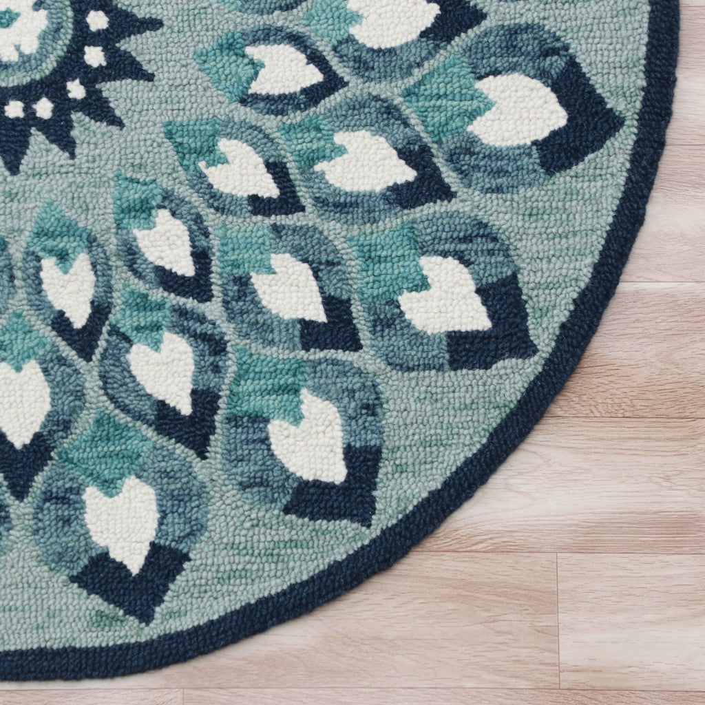 4’ Round Blue and White Floral Feather Area Rug