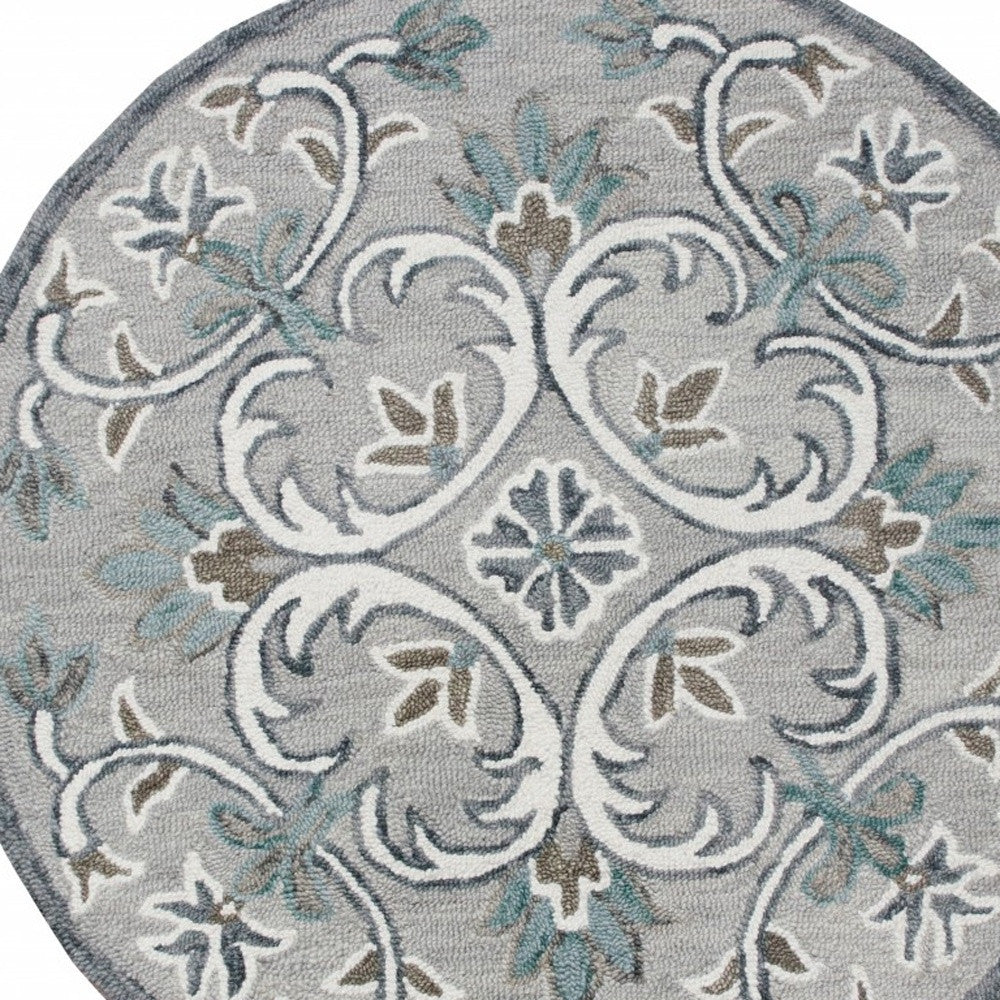 4' Round Gray and White Filigree Area Rug