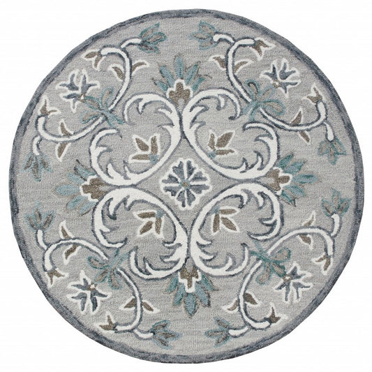 4' Round Gray and White Filigree Area Rug