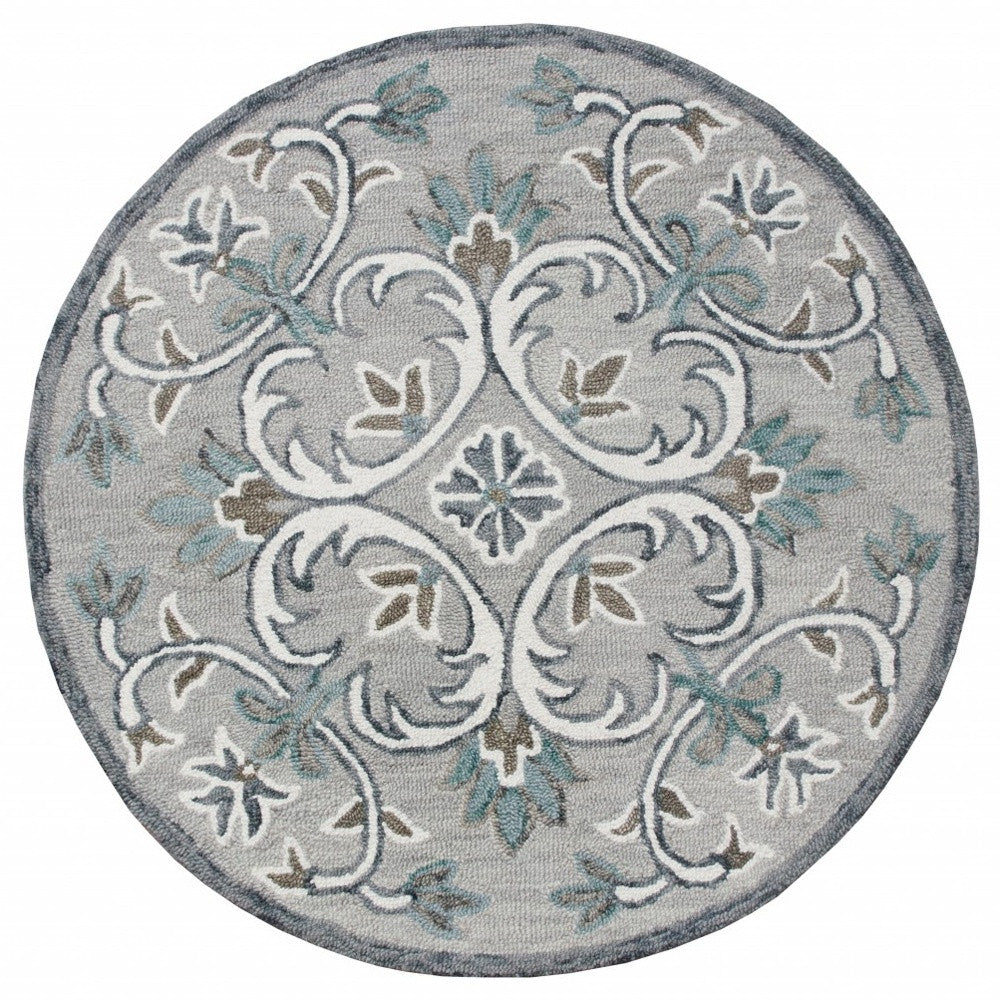 4' Round Gray and White Filigree Area Rug