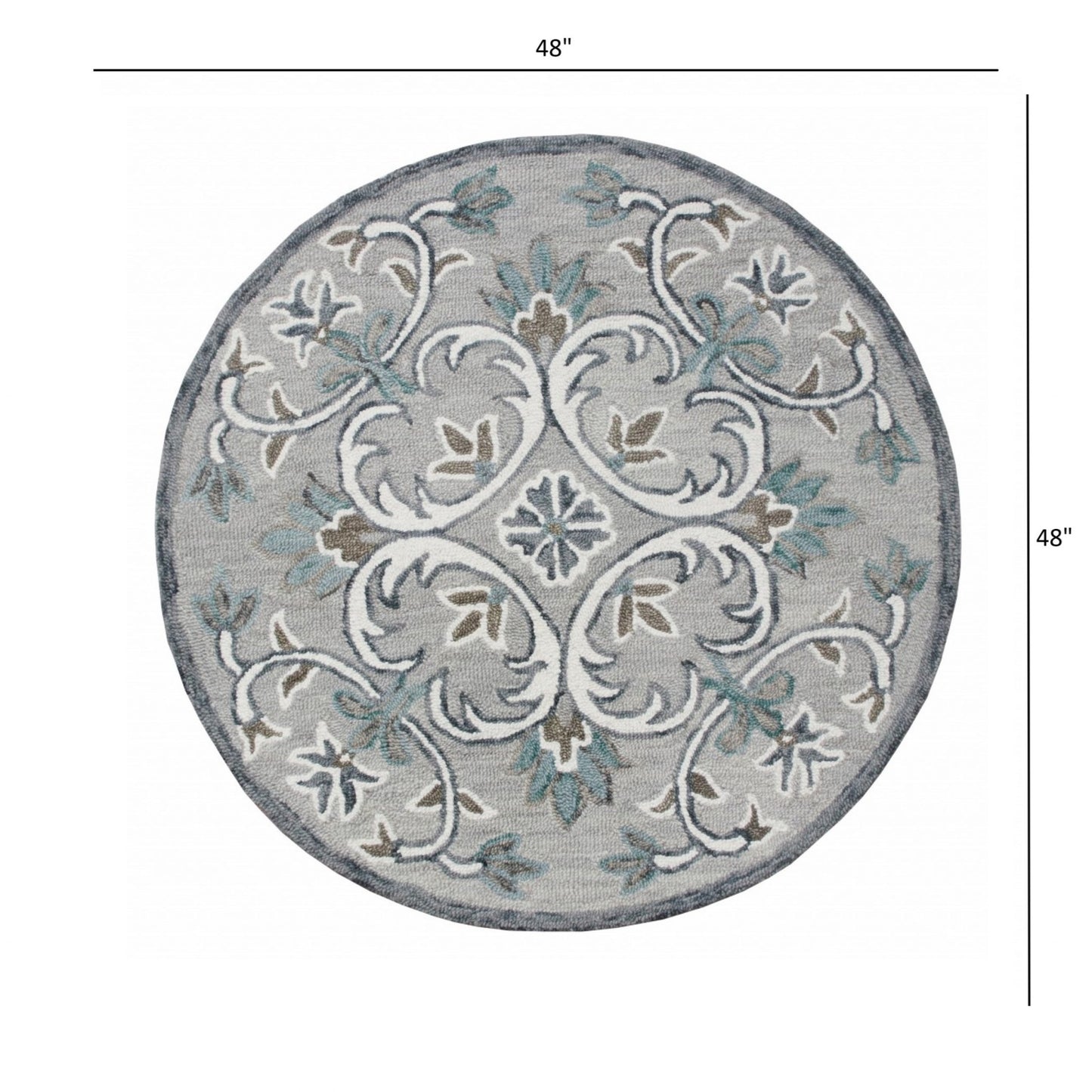 4' Round Gray and White Filigree Area Rug