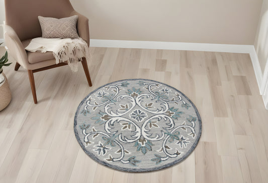 4' Round Gray and White Filigree Area Rug