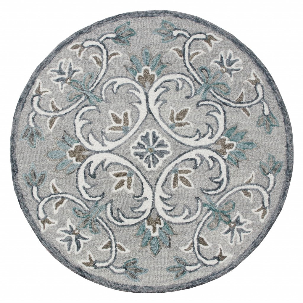 4' Round Gray and White Filigree Area Rug