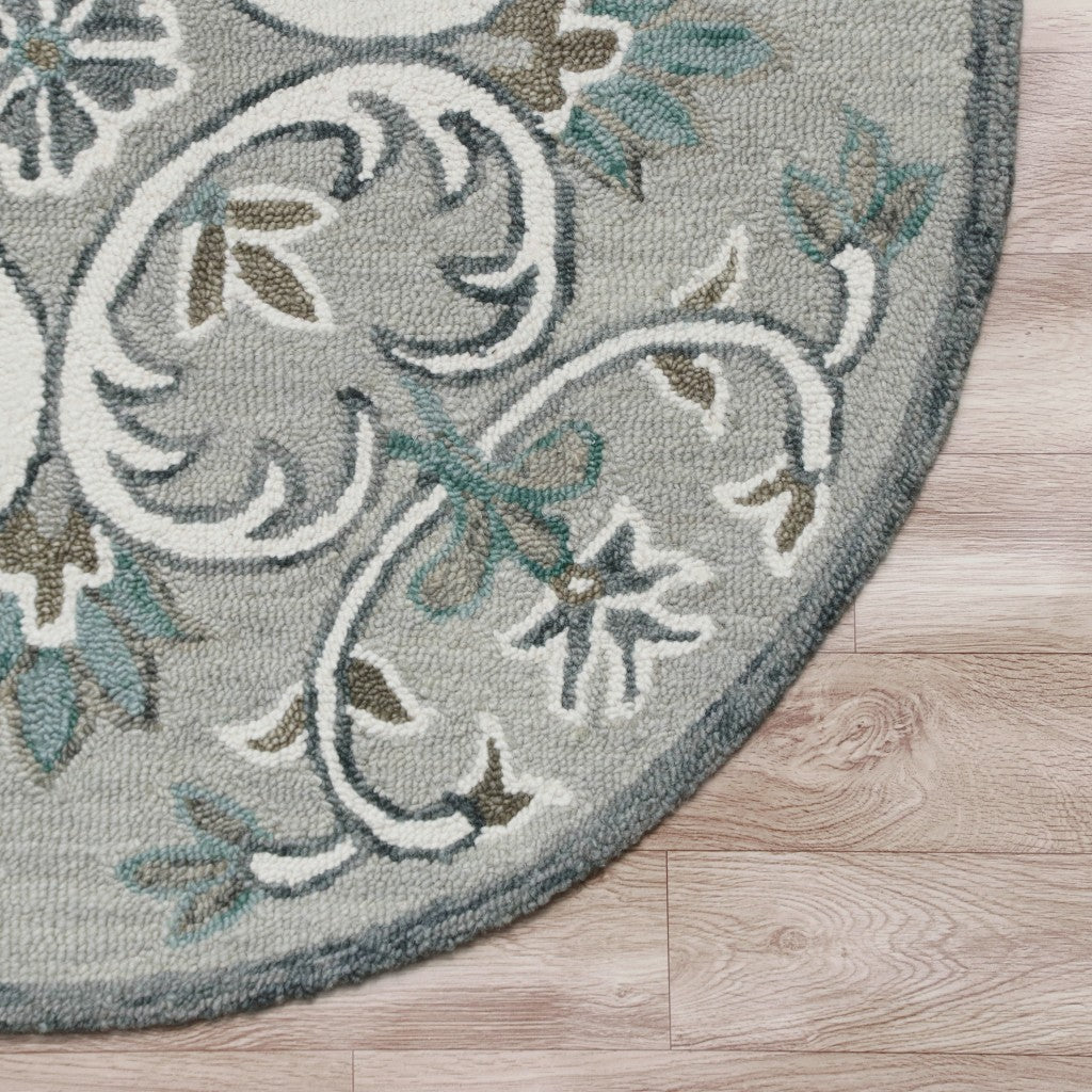 4' Round Gray and White Filigree Area Rug