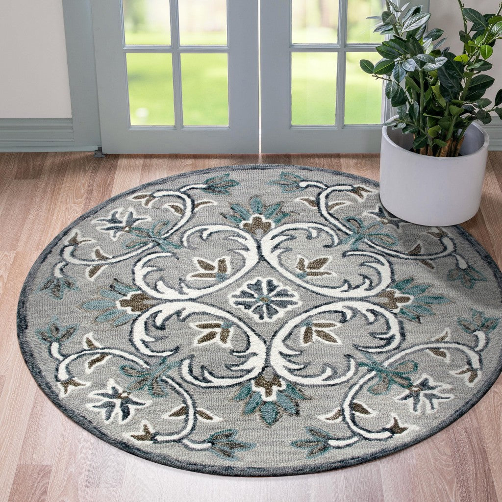 4' Round Gray and White Filigree Area Rug