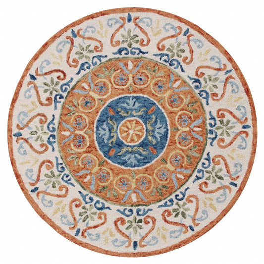 6' Round Orange Traditional Medallion Area Rug