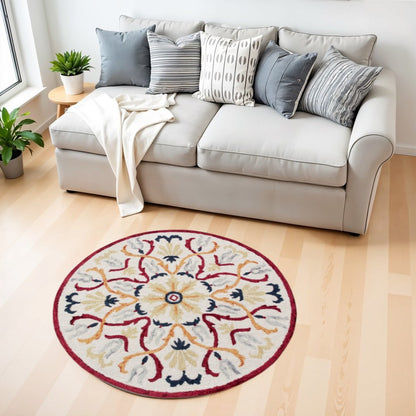 4' Round Red and Ivory Floral Filigree Area Rug