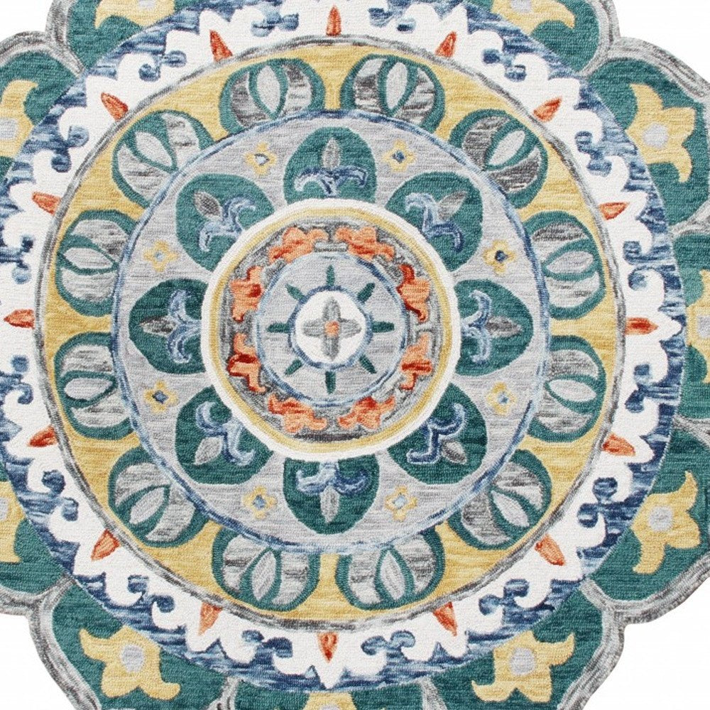 6' Blue And Red Wool Hand Hooked Round Rug