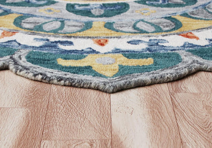 6' Blue And Red Wool Hand Hooked Round Rug