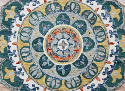 6' Blue And Red Wool Hand Hooked Round Rug
