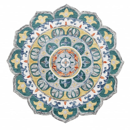 6' Blue And Red Wool Hand Hooked Round Rug