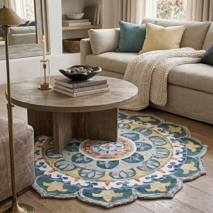 6' Blue And Red Wool Hand Hooked Round Rug