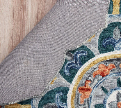 6' Blue And Red Wool Hand Hooked Round Rug