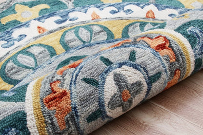 6' Blue And Red Wool Hand Hooked Round Rug