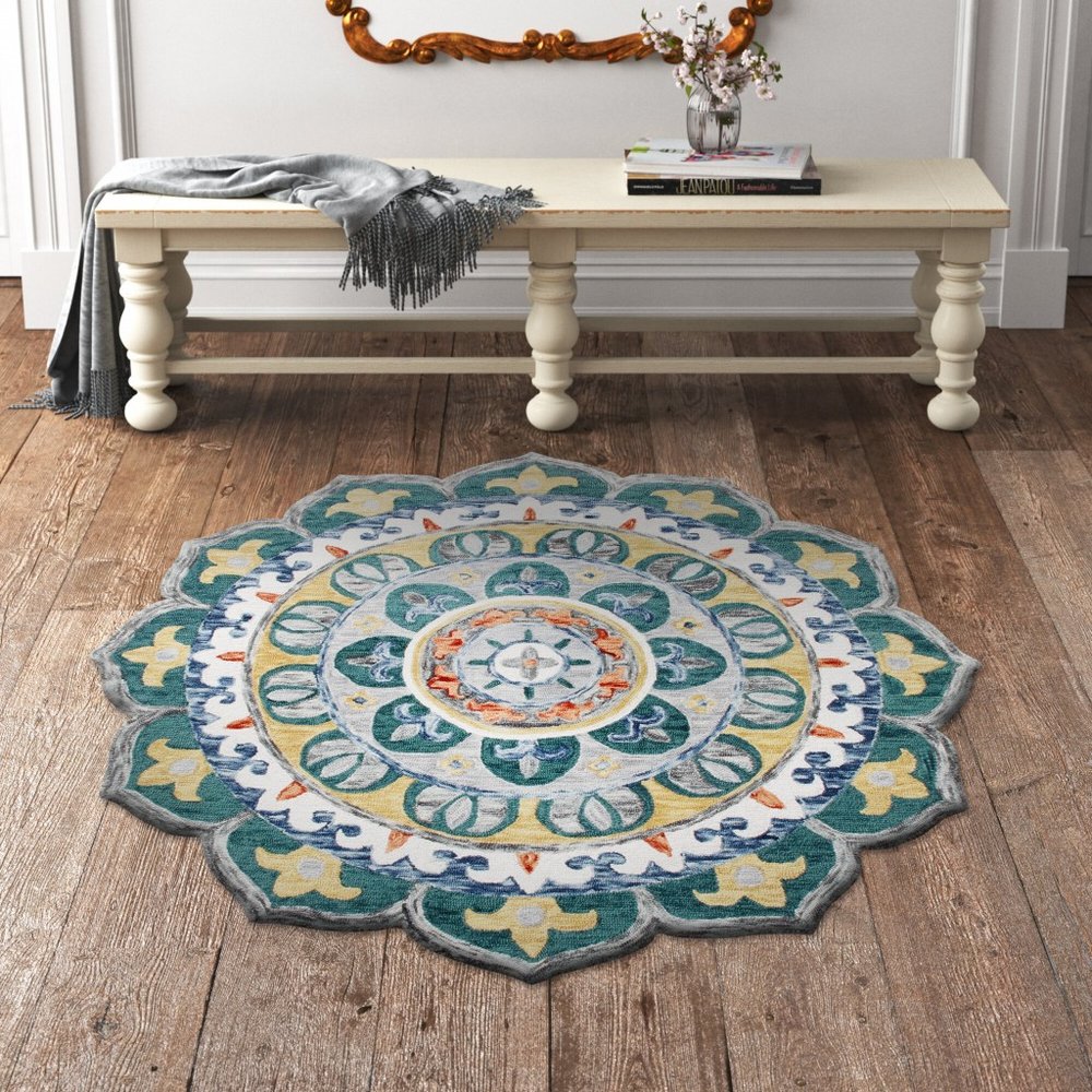 6' Blue And Red Wool Hand Hooked Round Rug