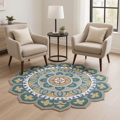 6' Blue And Red Wool Hand Hooked Round Rug