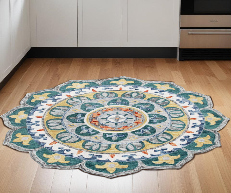 6' Teal Blue Round Wool Hand Hooked Handmade Area Rug