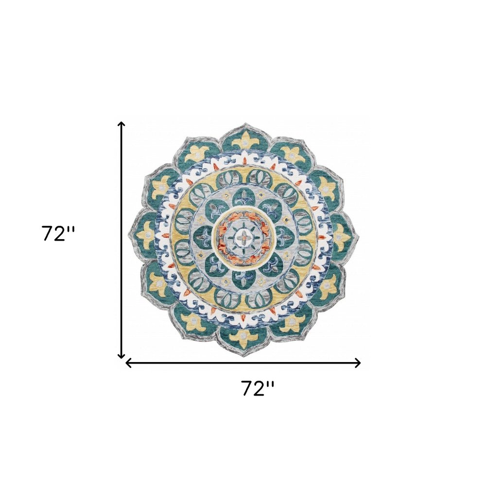 6' Blue And Red Wool Hand Hooked Round Rug