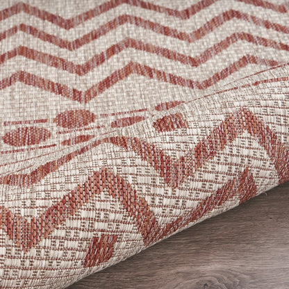 8' X 10' Beige And Red Chevron Indoor Outdoor Area Rug