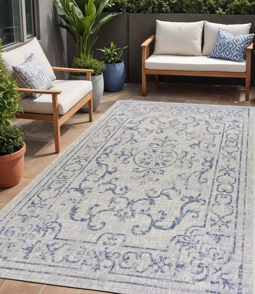 8' X 10' Blue And Gray Indoor Outdoor Area Rug