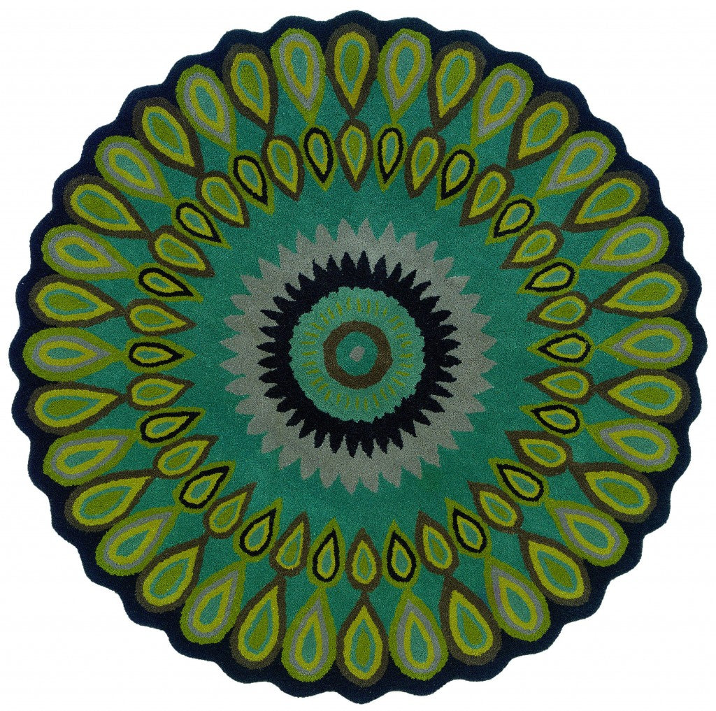 8’ Round Green Peacock Feather Area Rug