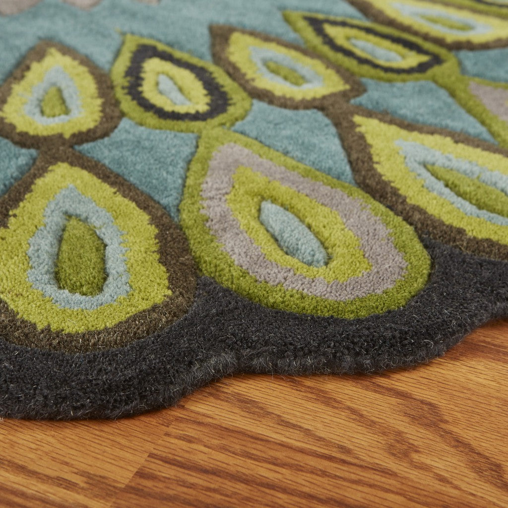 8’ Round Green Peacock Feather Area Rug