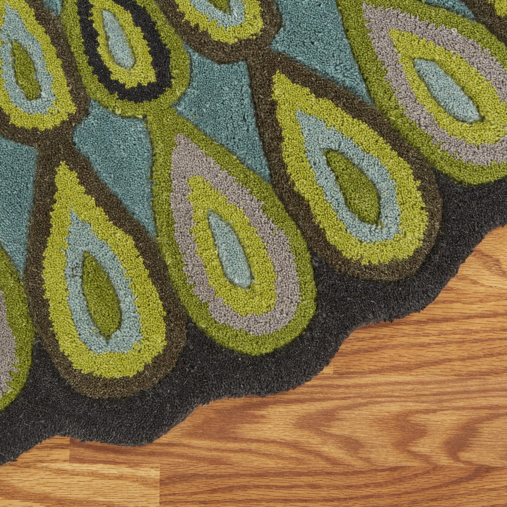 5' Round Green Peacock Feather Area Rug