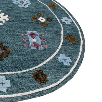 7' Blue Round Wool Hand Hooked Handmade Area Rug