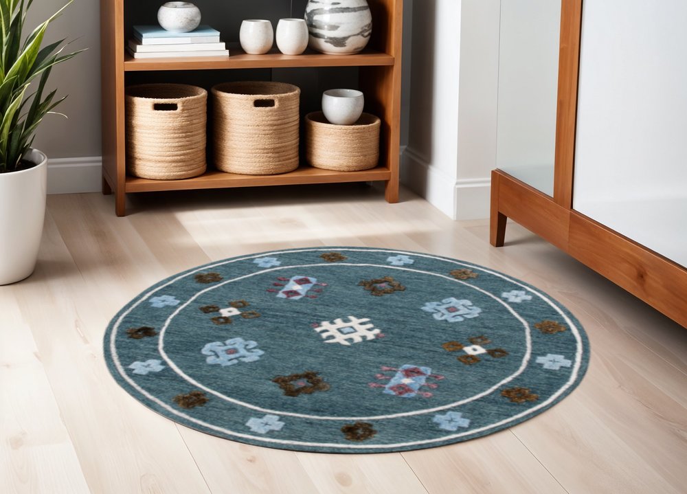 7' Blue Round Wool Hand Hooked Handmade Area Rug
