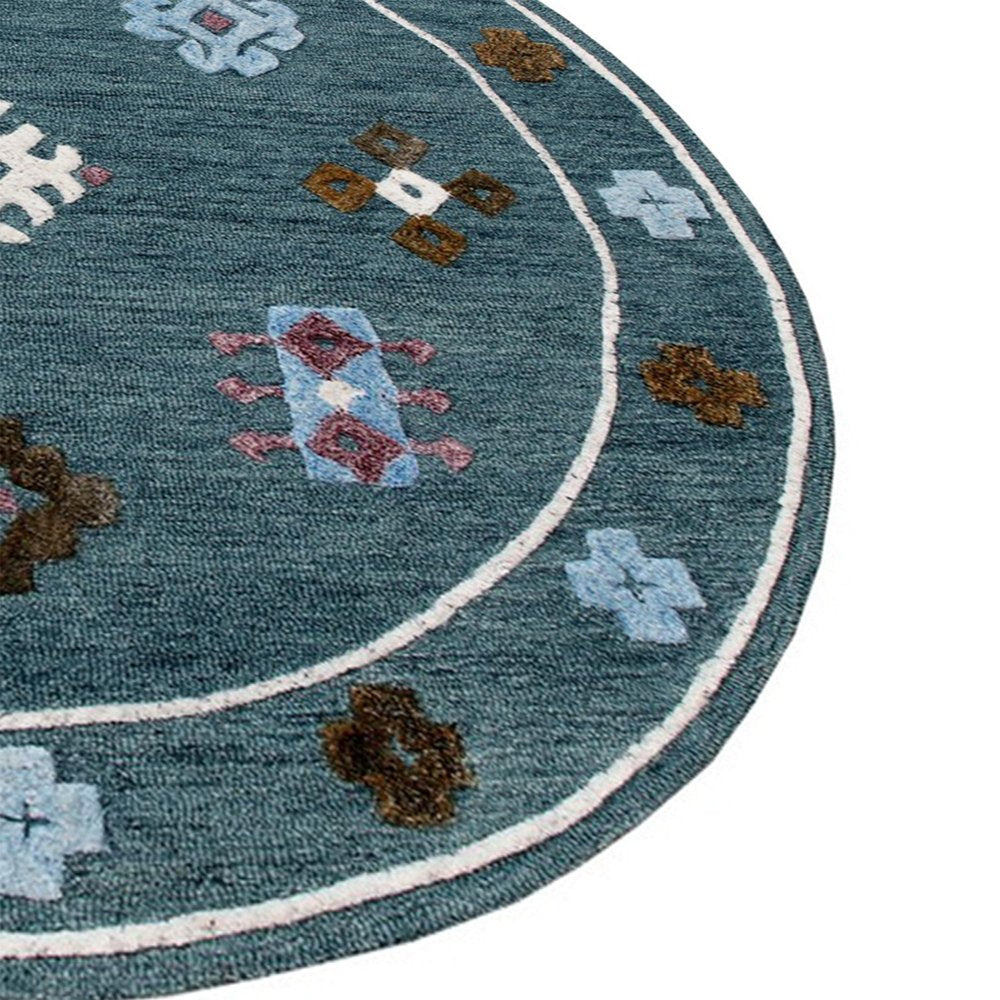 7' Blue Round Wool Hand Hooked Handmade Area Rug