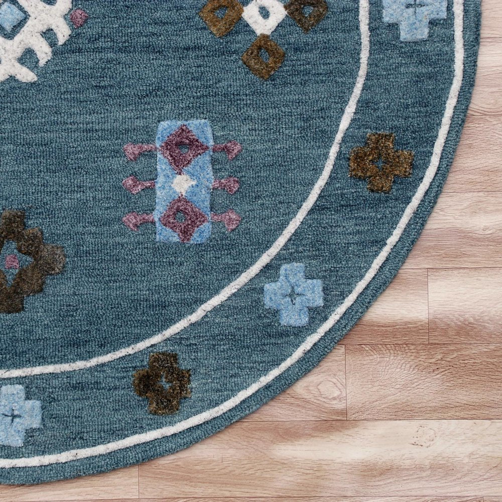 7' Blue Round Wool Hand Hooked Handmade Area Rug