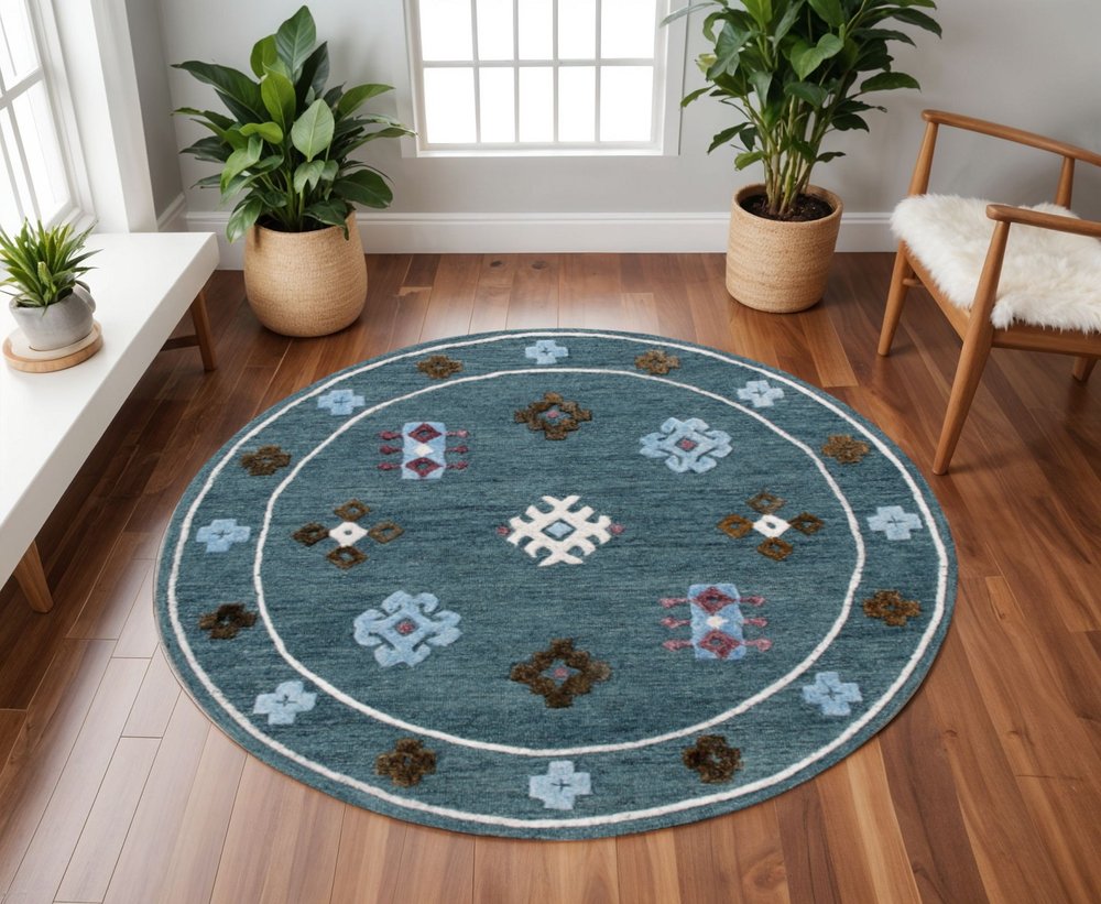 5' Blue Round Wool Hand Hooked Handmade Area Rug