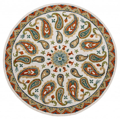 7' Round Orange and White Paisley Area Rug